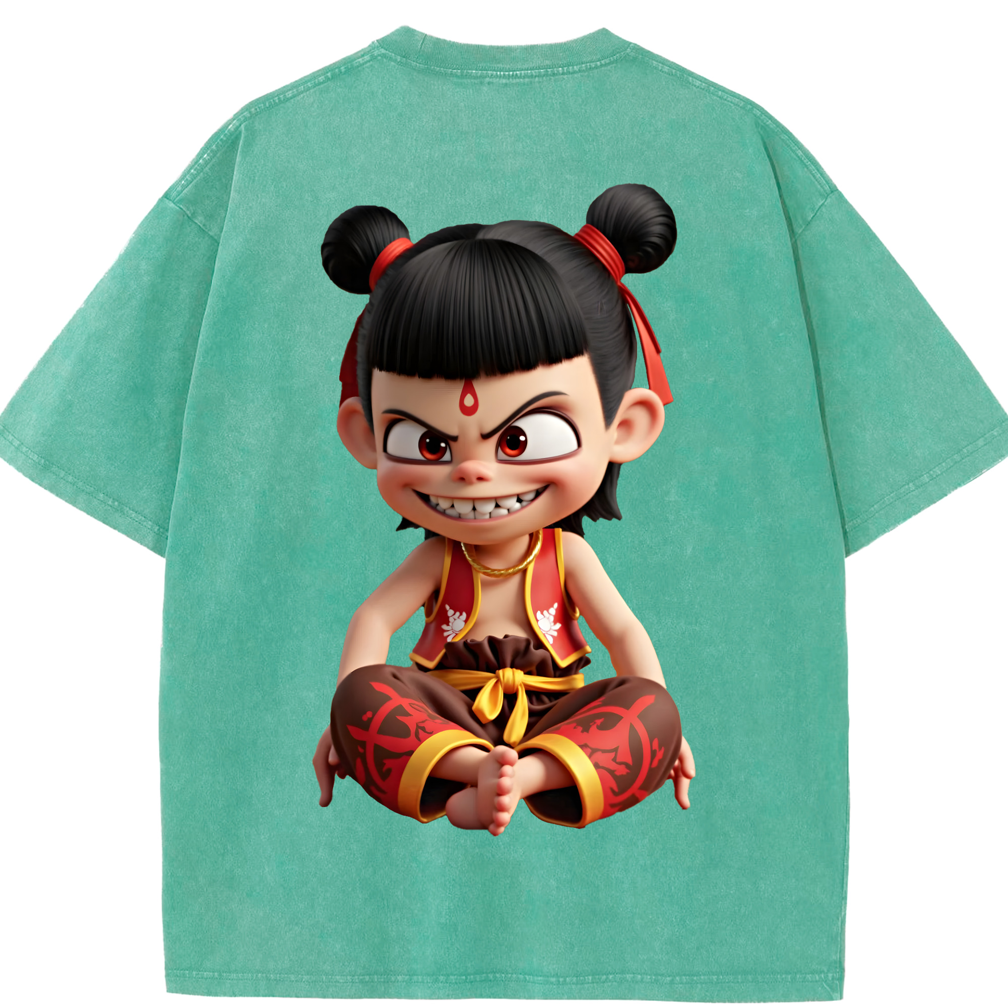 （画像用） Ne Zha 2 ナタ 魔童の大暴れ 綿100% ヴィンテージ風 半袖Tシャツ（背面プリント）